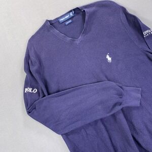 Vintage Polo Golf Ralph Lauren Knit Sweater Mens MD Navy V Neck Cotton Logo Golf
